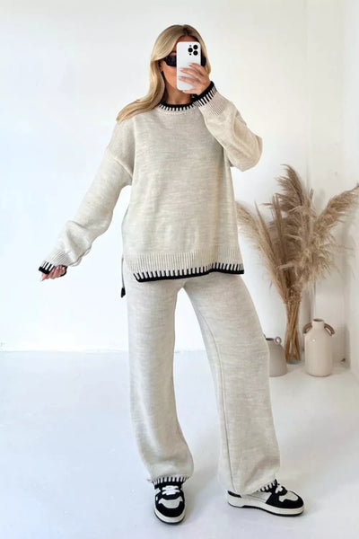 Contrast Trim Round Neck Top and Pants Sweater Set - Image 5