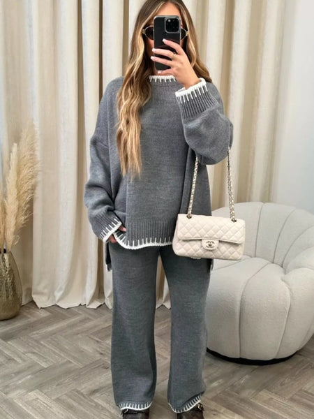Contrast Trim Round Neck Top and Pants Sweater Set - Image 22