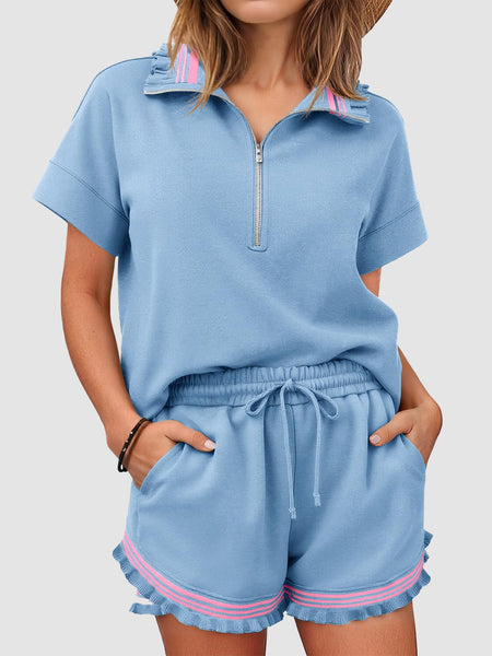 💙Women's Half Zip Ruffle Two Piece Short Set