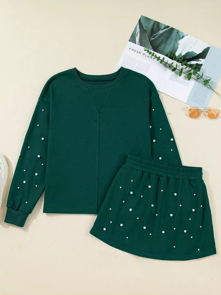 Pearl Embellished Drop Shoulder Pullover Elastic Waist Mini Skirt Set - Image 2
