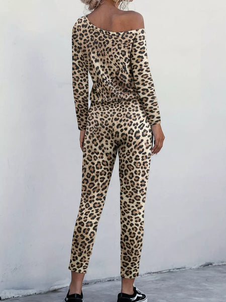 Leopard Print One-Shoulder Top and Pants Set - Image 3