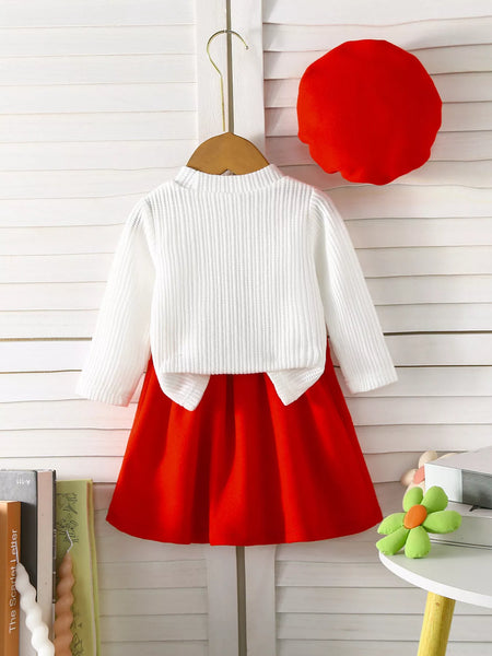 Children's Floral Applique Ribbed Knit Top & Pleated Skirt Set with Hat - Image 2