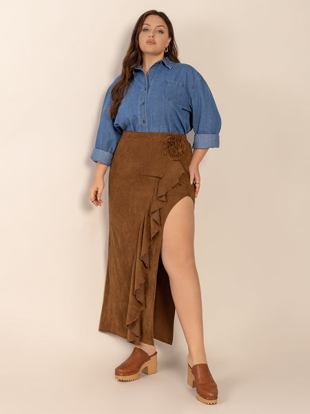 Plus Size Ruffled Slit High Rise Skirt - Image 9