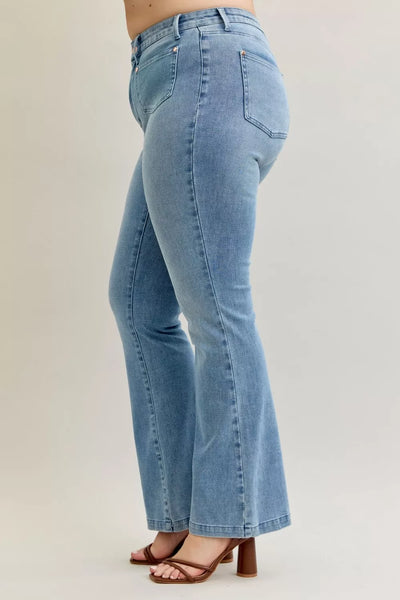 Judy Blue Full Size Mid Rise Bootcut Jeans with Contrast Wash & Front Patch Pockets Plus Size - Image 17