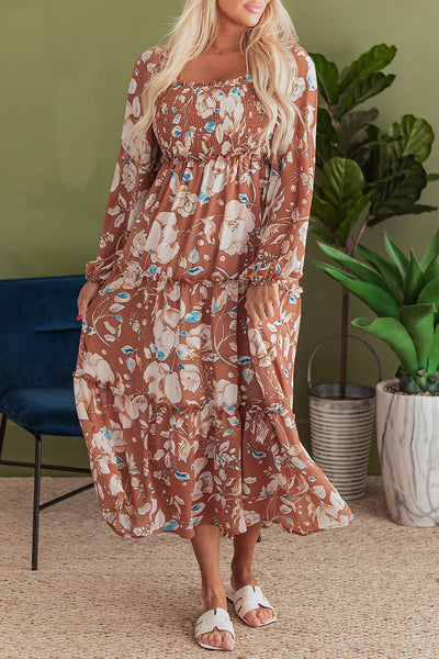 Brown Floral Print Shirred Square Neck High Waist Maxi Dress - Image 16