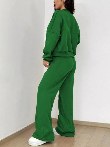Casual Solid Color Zipper Jacket and Wide Leg Pants Set - Image 12