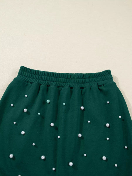 Pearl Embellished Drop Shoulder Pullover Elastic Waist Mini Skirt Set - Image 4