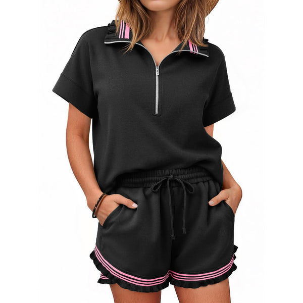 💙Women's Half Zip Ruffle Two Piece Short Set - Image 5