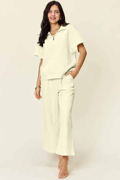 Double Take Full Size Texture Half Zip Short Sleeve Top and Pants Set - Image 16