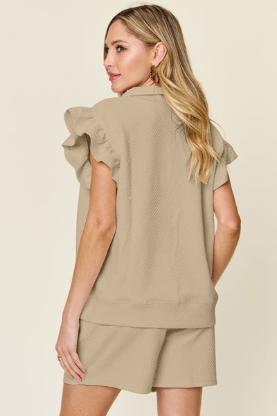 Double Take Full Size Texture Flounce Sleeve Top and Drawstring Shorts Set - Image 33