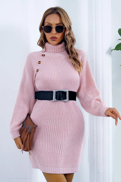 Buttoned Turtleneck Long Sleeve Sweater Dress - Image 8