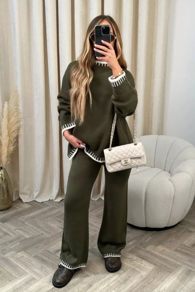 Contrast Trim Round Neck Top and Pants Sweater Set - Image 12