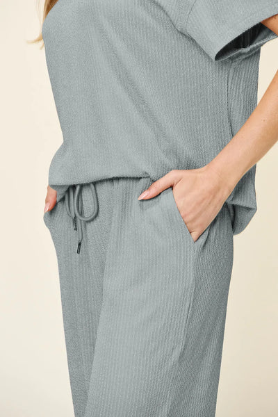 Double Take Full Size Texture Round Neck Short Sleeve T-Shirt and Wide Leg Pants - Image 25