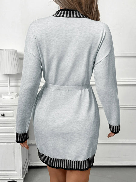 Striped Trim Tie Waist Sweater Dress - Image 6