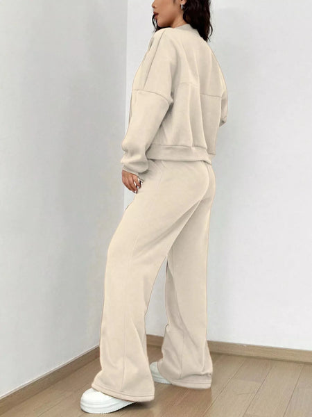 Casual Solid Color Zipper Jacket and Wide Leg Pants Set - Image 3
