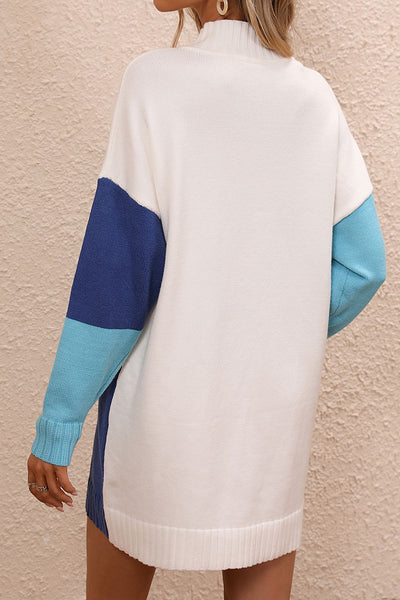 Color Block Mock Neck Dropped Shoulder Sweater Dress - Image 17