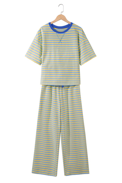 Pink Stripe Colorblock Trim Crew Neck Loose Tee Drawstring Elastic Waist 2pcs Pant Set - Image 28