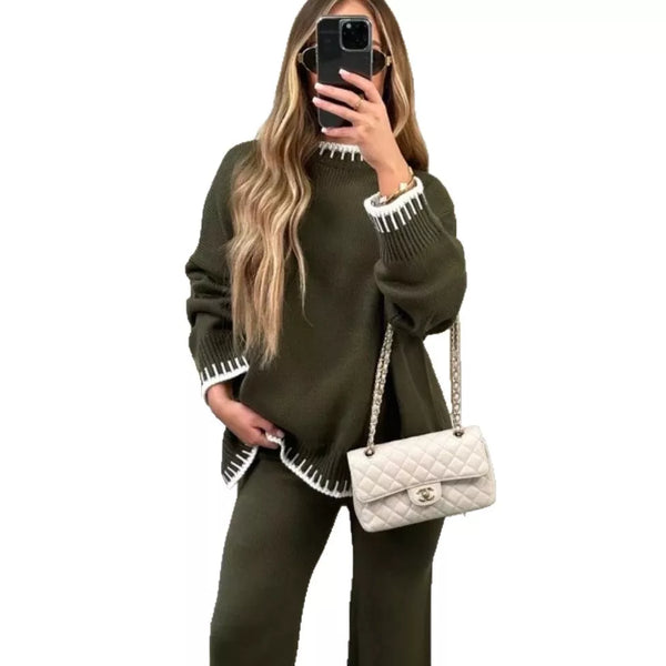 Contrast Trim Round Neck Top and Pants Sweater Set - Image 10