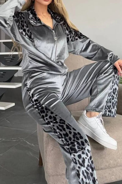 Full Size Collared Neck Leopard Zip Up Top and Pants Set Plus Size - Image 3