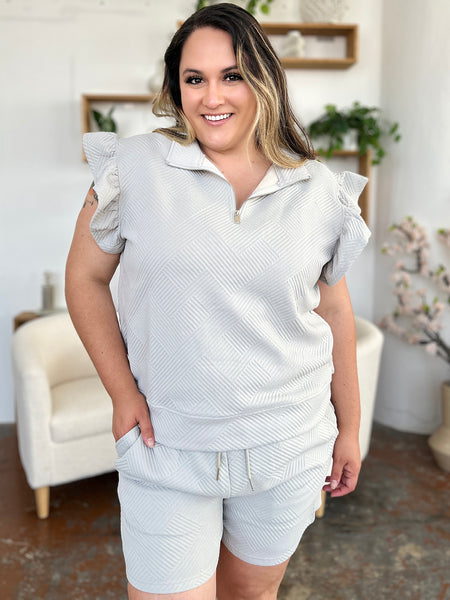 Double Take Full Size Texture Flounce Sleeve Top and Drawstring Shorts Set - Image 5