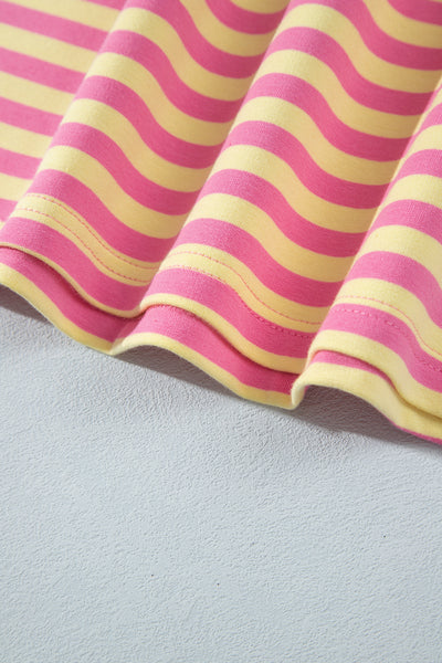 Pink Stripe Colorblock Trim Crew Neck Loose Tee Drawstring Elastic Waist 2pcs Pant Set - Image 10