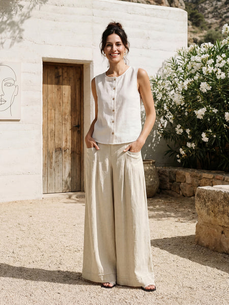 100% Linen Sculpted Pleat Elasticated Back Relaxed Pants VERIDIANA - Image 10