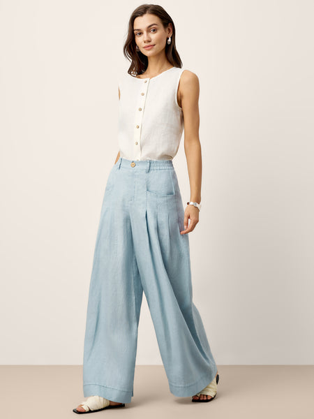 100% Linen Sculpted Pleat Elasticated Back Relaxed Pants VERIDIANA - Image 5
