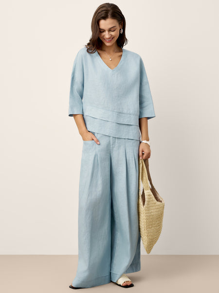 100% Linen Sculpted Pleat Elasticated Back Relaxed Pants VERIDIANA - Image 8