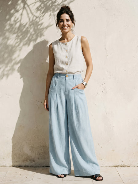 100% Linen Sculpted Pleat Elasticated Back Relaxed Pants VERIDIANA - Image 2