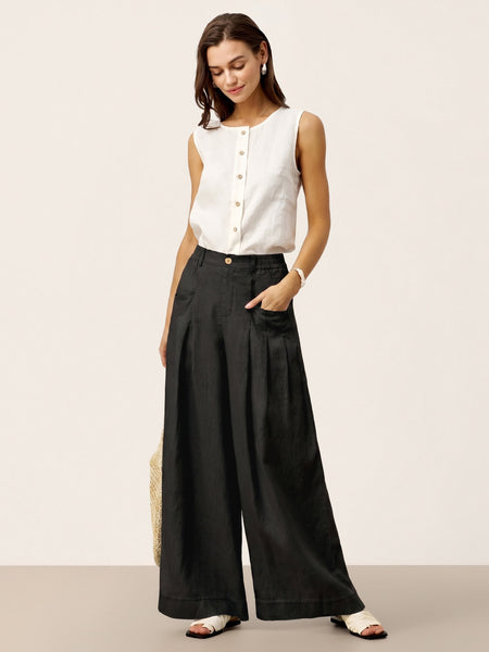 100% Linen Sculpted Pleat Elasticated Back Relaxed Pants VERIDIANA - Image 31