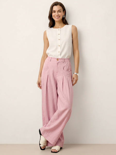 100% Linen Sculpted Pleat Elasticated Back Relaxed Pants VERIDIANA - Image 42