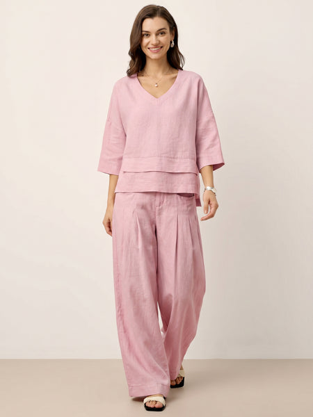 100% Linen Sculpted Pleat Elasticated Back Relaxed Pants VERIDIANA - Image 43