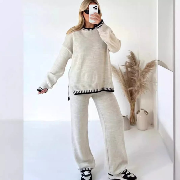 Contrast Trim Round Neck Top and Pants Sweater Set - Image 9