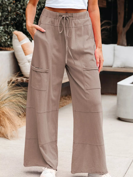 Mineral Wash Exposed Seam Drawstring Elastic Waistband Wide Leg Cargo Pants - Image 2