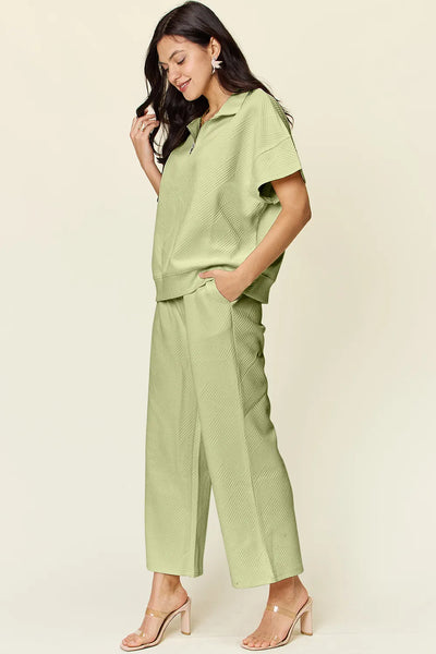 Double Take Full Size Texture Half Zip Short Sleeve Top and Pants Set - Image 11