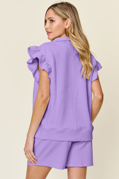 Double Take Full Size Texture Flounce Sleeve Top and Drawstring Shorts Set - Image 16