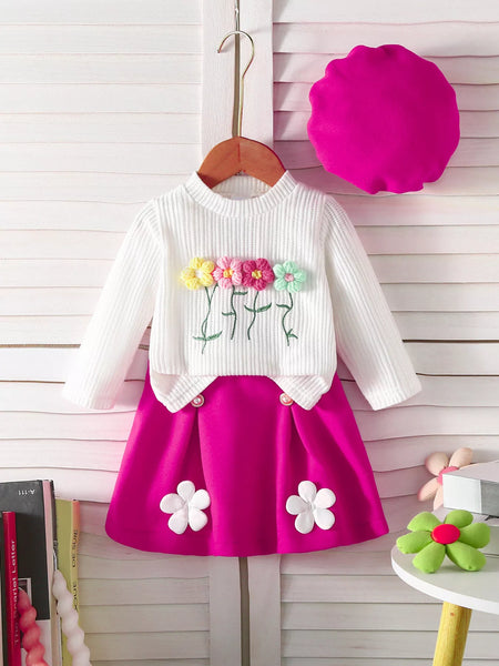 Children's Floral Applique Ribbed Knit Top & Pleated Skirt Set with Hat - Image 5