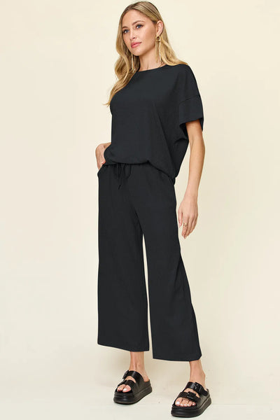 Double Take Full Size Texture Round Neck Short Sleeve T-Shirt and Wide Leg Pants - Image 19
