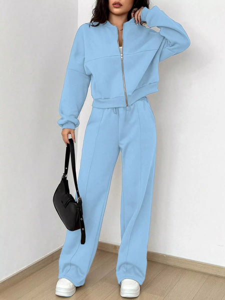 Casual Solid Color Zipper Jacket and Wide Leg Pants Set - Image 16