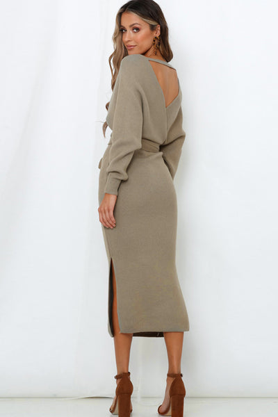 Surplice Neck Bow Waist Slit Sweater Dress - Image 15