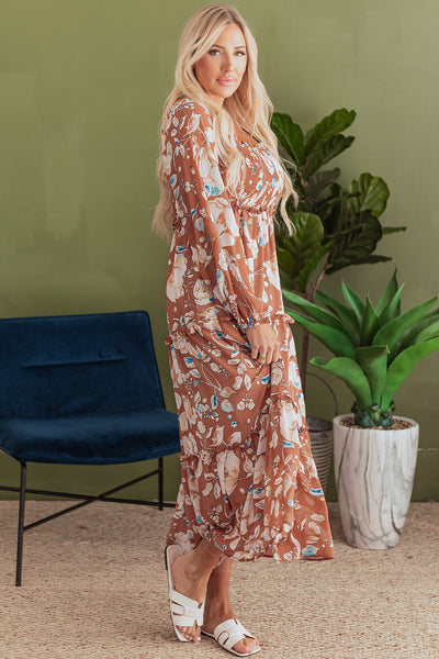 Brown Floral Print Shirred Square Neck High Waist Maxi Dress - Image 13