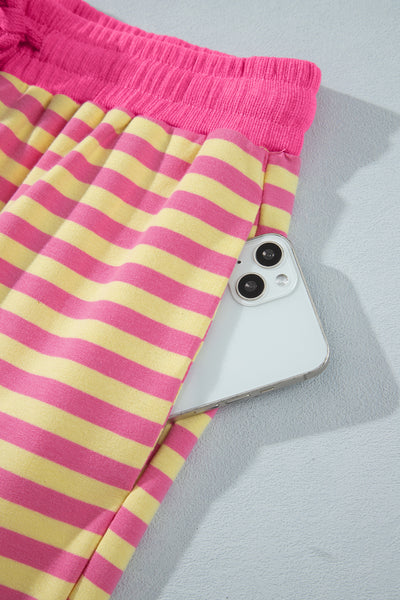 Pink Stripe Colorblock Trim Crew Neck Loose Tee Drawstring Elastic Waist 2pcs Pant Set - Image 6