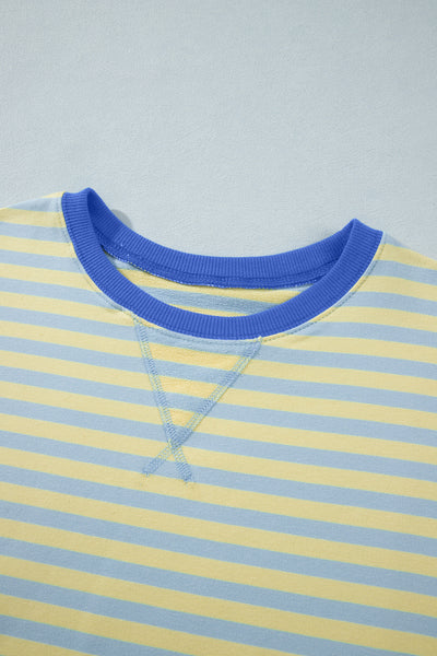 Pink Stripe Colorblock Trim Crew Neck Loose Tee Drawstring Elastic Waist 2pcs Pant Set - Image 27