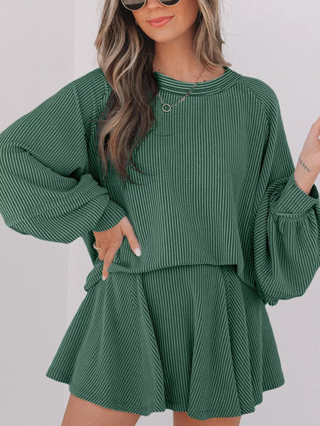 Corded Lantern Sleeve Top and High Waist Mini Skirt Set - Image 4