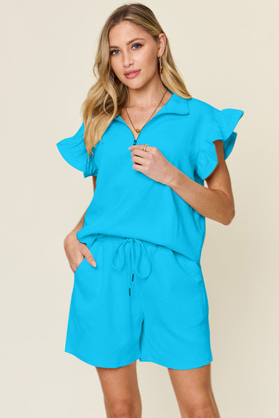 Double Take Full Size Texture Flounce Sleeve Top and Drawstring Shorts Set - Image 27