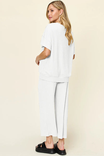 Double Take Full Size Texture Round Neck Short Sleeve T-Shirt and Wide Leg Pants - Image 28