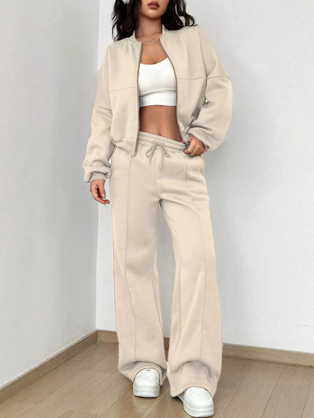 Casual Solid Color Zipper Jacket and Wide Leg Pants Set - Image 2