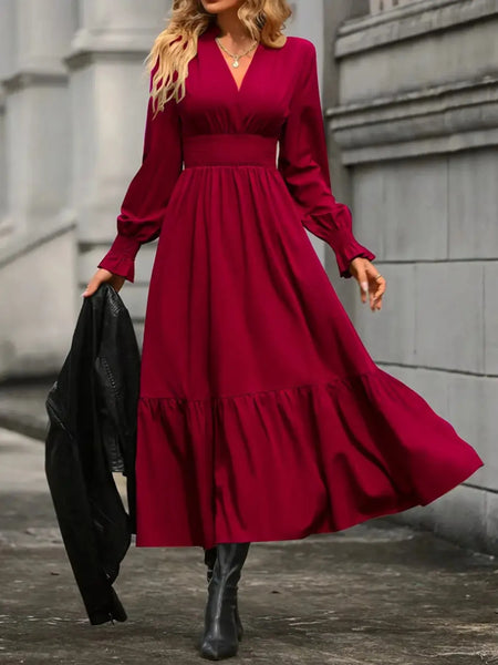 Notched Long Sleeve Tiered Dress - Image 12