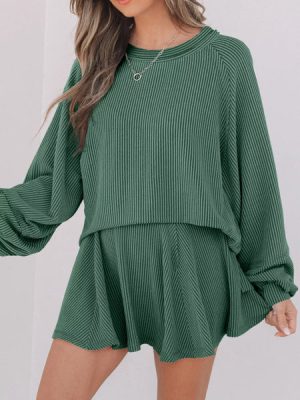 Corded Lantern Sleeve Top and High Waist Mini Skirt Set