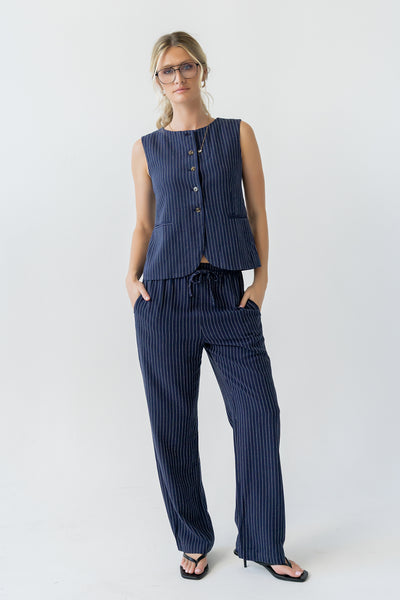 Vivienne Pinstripe Wide Leg Pants in Navy - Image 5